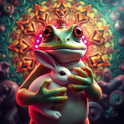 pepe the frog holding a bunny, religious art, fractals, deepdream, acid, trippy, led light, highly detailed and intricate, psychedelic, sharp focus, unreal engine, trending on artstation, photorealistic, octane, trending on deviantart