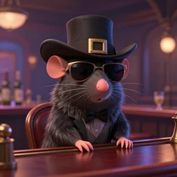 a still of an anthropomorphic gangster rat, wearing sunglasses and a mafia-style hat, long fur, sitting at a bar in a DIsney Pixar movie, 35mm f2.8, 4k, artstation, PBR materials, Pixar renderman render
