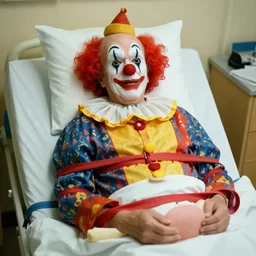 crazy elderly clown restrained to hospital bed