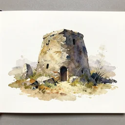 small centered on white watercolor paper, paint brush strokes, abstract watercolor painting of prehistoric stone house, midday sharp light, dust, cinematic light, american romanticism by hans dahl, by jesper ejsing, by anders zorn, by greg rutkowski, by makoto shinkai, by ghibli studio, by greg manchess, by tyler edlin