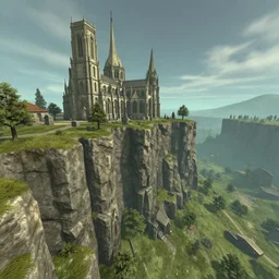 a screenshot of a quake level outside a cathedral on a cliff, 4 k hd