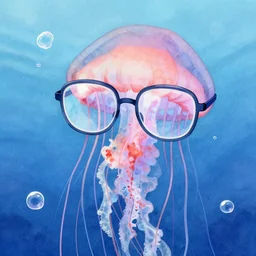 jellyfish wearing glasses, glasses frames, underwater, digital watercolor, artstation, bubbles