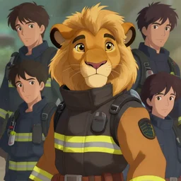 beautiful portrait of a female anthropomorphic lioness fursona firefighter. character design by disney, charlie bowater, ross tran, artgerm, and makoto shinkai, detailed, soft lighting, rendered in octane