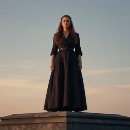 portrait, sylvie laufeydottir standing proud at the top of a building at sunset. cinematic lighting, soft lighting, hyperrealistic, highly detailed, by jeff easley, greg rutkowski, artemisia gentileschi, centered