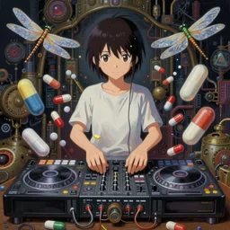 surreal gouache painting, by yoshitaka amano, by ruan jia, by Conrad roset, by good smile company, detailed anime 3d render of a  medicine pills  Surrounded by a  magical dragonfly and a big DJ Mixer, deck,  portrait, cgsociety, artstation, rococo mechanical and Digital  and electronic, dieselpunk atmosphere