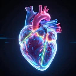 medical heart!!! organ, neon glowing, bioluminiscent, scifi, robotic lines, tron legacy, substance painter, heart, emissive, tron lines, cybertron, artstation, by beeple, halo, cyberpunk, vaporwave