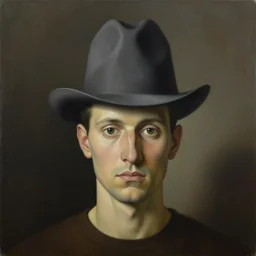 a painting of a man with a strange hat on his head, a surrealist painting by Szymon Kot, behance contest winner, metaphysical painting, made of flowers, oil on canvas, detailed painting