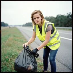 emma watson in a hi vis vest picking up trash on the side of the interstate, portrait, kodak gold 2 0 0,