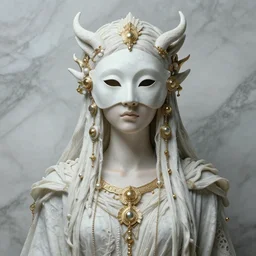 portrait of beautiful woman | full shot | front close - up | head on | dressed in long rags, mystical godess, ethereal, mask, ornaments of white gold in your clothes, evil, artistically realistic, marble, octane render, 8 k, fine art, intrincate. by peter mohrbacher, marc simonetti and anna podedworna