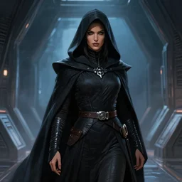 half body shot, beautiful woman dark lord of the sith wearing a hooded jedi cloak, standing in deathstar hallway, rim light, volumetric lighting, digital painting, artstation, concept art, smooth, sharp focus, illustration, art by arney freytag, glamour pose, greg rutkowski, soft ambient lighting, particle effects