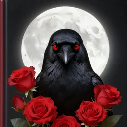 portrait, A crow with red eyes in front of the full big moon, book cover, red roses, red white black colors, establishing shot, extremly high detail, foto realistic, cinematic lighting, pen and ink, intricate line drawings, by Yoshitaka Amano, Ruan Jia, Kentaro Miura, Artgerm, post processed, concept art, artstation, matte painting, style by eddie, raphael lacoste, alex ross