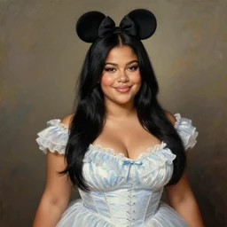 beautiful thirty year old woman with long black hair, tan skin, curvy hourglass figure, round cute face, slight resemblance to selena gomez and vanessa hudgens wearing a frilly disney princess dress and a mickey mouse ears headband. she has a friendly smile. beautiful painting by artgerm and greg rutkowski lois van baarle and bouguereau