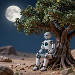 very very small mannequin robot, sitting on a gigantic banyan tree in moonlit socotra island by ilya kuvshinov, starry night, rtx rendering, octane render 1 2 8 k, maya, extreme high intricate details by tom bagshaw, medium shot, close up shot, composition by sana takeda, lighting by greg rutkowski