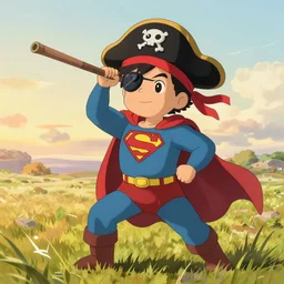 A kid putting an eyepatch and a pirate's head scarf on his head, holding a wooden stick at golden hour in a plain grass field, superman pose,  by Makoto Shinkai and thomas kinkade, digital painting, Matte painting, trending on artstation and unreal engine, in the style of Calvin and Hobbes
