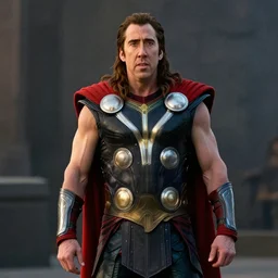 film still of Nic Cage as Thor in Thor Love and Thunder