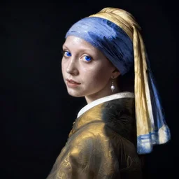 beautiful swedish lady with long blonde hair wearing medieval gown, shiny white skin, void demonic blue eyes, by vermeer
