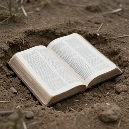 a bible half buried and dusty in the ground, seen in a 7 0 mm macro lens