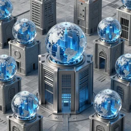 in the center of fedora, that gray stone metropolis, stands a metal building with a crystal globe in every room. looking into each globe, you see a blue city, the model of a different fedora. in the style of greg rutkowski
