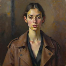 detailed portrait in femininity, ethnic, realistic face sculpted features, thin and statuesque model, street outfit with layered look, structured jacket, warm glow, lush, bathed in light, chiaroscuro, specular highlights, angular impressionism, radiosity, natural color scheme, deep rich tones, modern fashion, contemporary art, oil on canvas