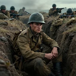 beautiful film still of a war movie where a lone survivor, one soldier after his squad killed in action in a trench waiting for the war to end. cinematic lighting and rendering, atmospheric, concept art, high detailed faces, artstation, painted by eddie mendoza, post process by artgerm and greg rutkowski and albert bierstadt