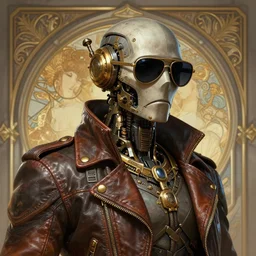 a steampunk robot wearing sunglasses and a leather jacket, photography of kurzgesagt, deep focus, d & d, fantasy, intricate, elegant, highly detailed, digital painting, artstation, concept art, matte, sharp focus, illustration, hearthstone, art by artgerm and greg rutkowski and alphonse mucha