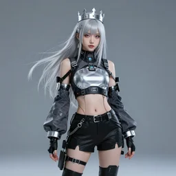 very cool girl brilliant silver hair girl wearing a silver crown techwear cyberpunk style outfit full body nose piercing detailed portrait intricate comp