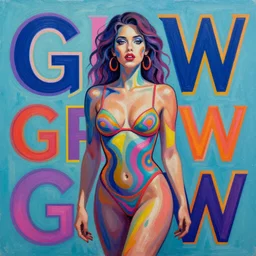 painting of a psychedelic seductive woman the word GRW everywhere
