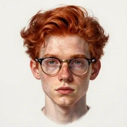 portrait of a thin young man with red hair, freckles on his face, horn - rimmed glasses, intricate, elegant, highly detailed, digital painting, artstation, concept art, sharp focus, illustration, art by aleksi briclot, rutkowski