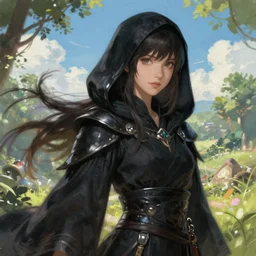 An epic fantasy comic book style portrait painting of a very beautiful girl wearing a black hooded robe, posing, character design by Mark Ryden and Pixar and Hayao Miyazaki, unreal 5, DAZ, wylops, hyperrealistic, octane render, cosplay, RPG portrait, dynamic lighting, intricate detail, summer vibrancy, cinematic