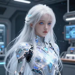 perfect android girl, glowing warframe armor, beautiful face, scifi, futuristic, space station, laboratory, kwak ji young, dreamy, long white hair, blue eyes, cinematic lighting, innocent, highly detailed, focused, artstation, divine, by gauthier leblanc, kazuya takahashi, huifeng huang, jama jurabaev