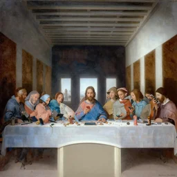 “Painting of The Last Supper, everybody sat at the table staring at their smartphones, Leonardo Da Vinci, 1498, Tempera on gesso, pitch, and mastic”