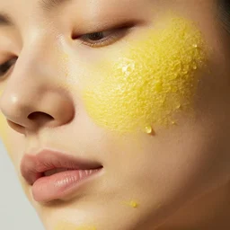 “a woman face textured as a lemon closeup”