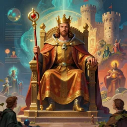 a majestic photograph of the castle king of agharta seated on his throne with the scepter of power, land of advanced races, hollow earth infographic with illustrations, vibrant colours, dynamic lighting, digital art, fantastically beautiful, illustration, trending on artstation, art by albrecht durer, cornelis bisschop, 8 k resolution