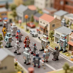 high quality presentation photo of a a detailed miniature diorama of retro toy robots invading a detailed model of a 1950s town, photography 4k, f1.8 anamorphic, bokeh, 4k, Canon, Nikon