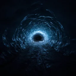 massive dark glacier tunnel with a faint blue glow coming through the ice,