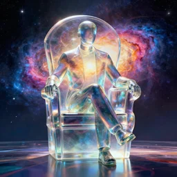a great leader sitting in a chair that is made of liquid glass and refracts sunlight as if it were galaxies with vibrant colors, digital art