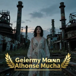 a beautiful young asian woman in towering abandoned industrial city at dusk, dark moody lighting, by jeremy mann and alphonse mucha, dramatic lighting, ethereal, stunning, breathtaking, awe - inspiring award - winning, 8 k