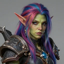 beautiful orc girl with multicolored hair character world of warcraft portrait, concept art, intricate details, highly detailed photorealistic portrait in the style of adam hughes, seseon yoon, artgerm and warren louw