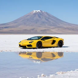 photo of the salt deserts of bolivia with a lamborghini, water, reflections, sunny day