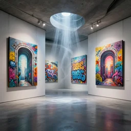 interior futuristic art gallery wide angle highly detailed by ricardo boffil, wall hanging paintings of grafitti art ( portals ) by saturno butto and wlod, captivating 8 k hdr, octane render godrays ( ethereal ghost )