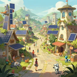 Solarpunk style village with people, animals and robots walking through the streets. Street level view. Detailed, digital painting trending on art station.