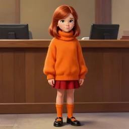 Beautiful stunning Portrait scene of Real Life Velma Dinkley wearing her iconic orange sweater from Scooby Doo in court for falsely accusing someone of being a criminal by Greg Rutkowski. Velma is a teenage female, with chin-length auburn hair and freckles. She is wearing a baggy, thick turtlenecked orange sweater, with a red skirt, knee length orange socks and black Mary Jane shoes. by Mark Arian, soft render, octane, highly detailed painting, artstation