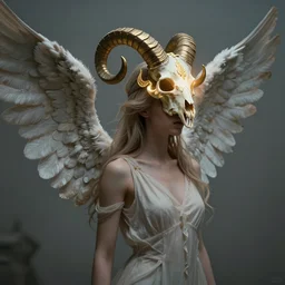 surrealistic, portrait of a fallen angel, 3 / 4 profile beautiful sideways, 6 - winged goddess, glowing intricate phoenix ram skull mask, by tooth wu and wlop. octane rendering, on artstation popular, greg rutkowski film, surreal, high detail, octane rendering, 8 k,