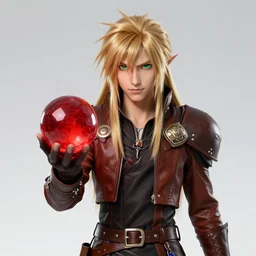 portrait character design a male elven sorcerer with honey blond long hair, green eyes, leather clothes, holding a red crystal ball, style of final fantasy and kingdom hearts and arcane, 3 d animation demo reel, portrait studio lighting by jessica rossier and brian froud and gaston bussiere,