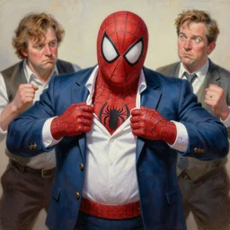 a highly detailed painterly painting of chubby peter parker struggling to put on his suit, by james gurney, greg rutkowski, by craig mullins