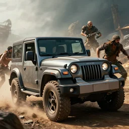 Mahindra thar, malayalis attacking, furious action scene, an epic fantasy, dramatic lighting, cinematic, establishing shot, extremely high detail, photorealistic, cinematic lighting, matte painting, artstation, by simon stalenhag, horizon zero dawn