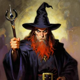 weird al as a wizard, serious expression, in the style of frank frazetta