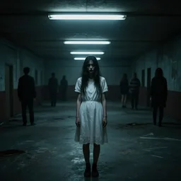 creepy woman wearing white dress standing in the backrooms, psychological horror, the eerie forlorn atmosphere of a place that's usually bustling with people but is now abandoned and quiet, buzzing fluorescent lights above the ceiling, unsettling images, liminal space, dark