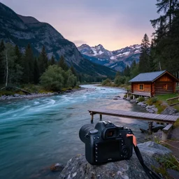 DSLR still of a beautiful mountainside river with a pier and a log cabin at dusk, 4k