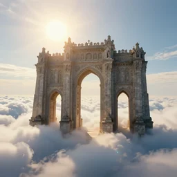 close up of the gates of heaven sitting on beautiful clouds, sun rays, epic cinematic artwork by beksinski, 4 k, masterpiece